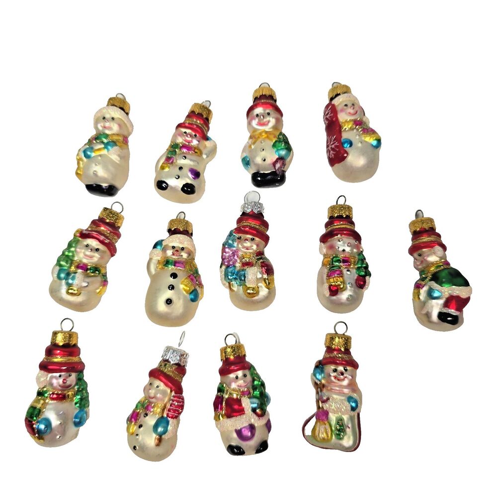Vintage Miniature Blown Glass Snowman Ornaments Lot of 13 Christmas Tree Decorat